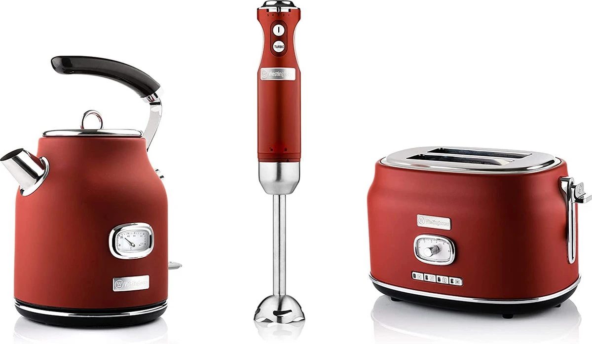 Westinghouse Retro Waterkoker + Broodrooster 2 Sleuven + Staafmixer - Rood Westinghouse Retro Waterkoker + Broodrooster 2 Sleuven + Staafmixer - Rood -Praktische Winkel Voor Keukenbenodigdheden