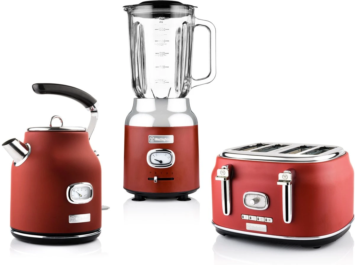 Westinghouse Retro Waterkoker + Broodrooster 4 Sleuven + Blender - Rood Westinghouse Retro Waterkoker + Broodrooster 4 Sleuven + Blender - Rood -Praktische Winkel Voor Keukenbenodigdheden