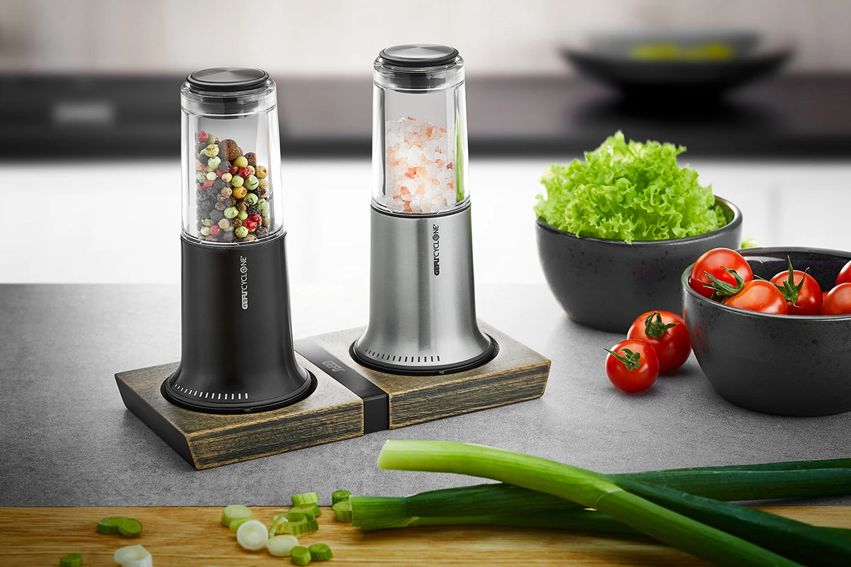 Gefu Peper- en zoutset Houder X-Plosion Medium Gefu Peper- En Zoutset Houder X-Plosion Medium -Praktische Winkel Voor Keukenbenodigdheden 34643 gefu muehlenuntersetzer x plosion m 002