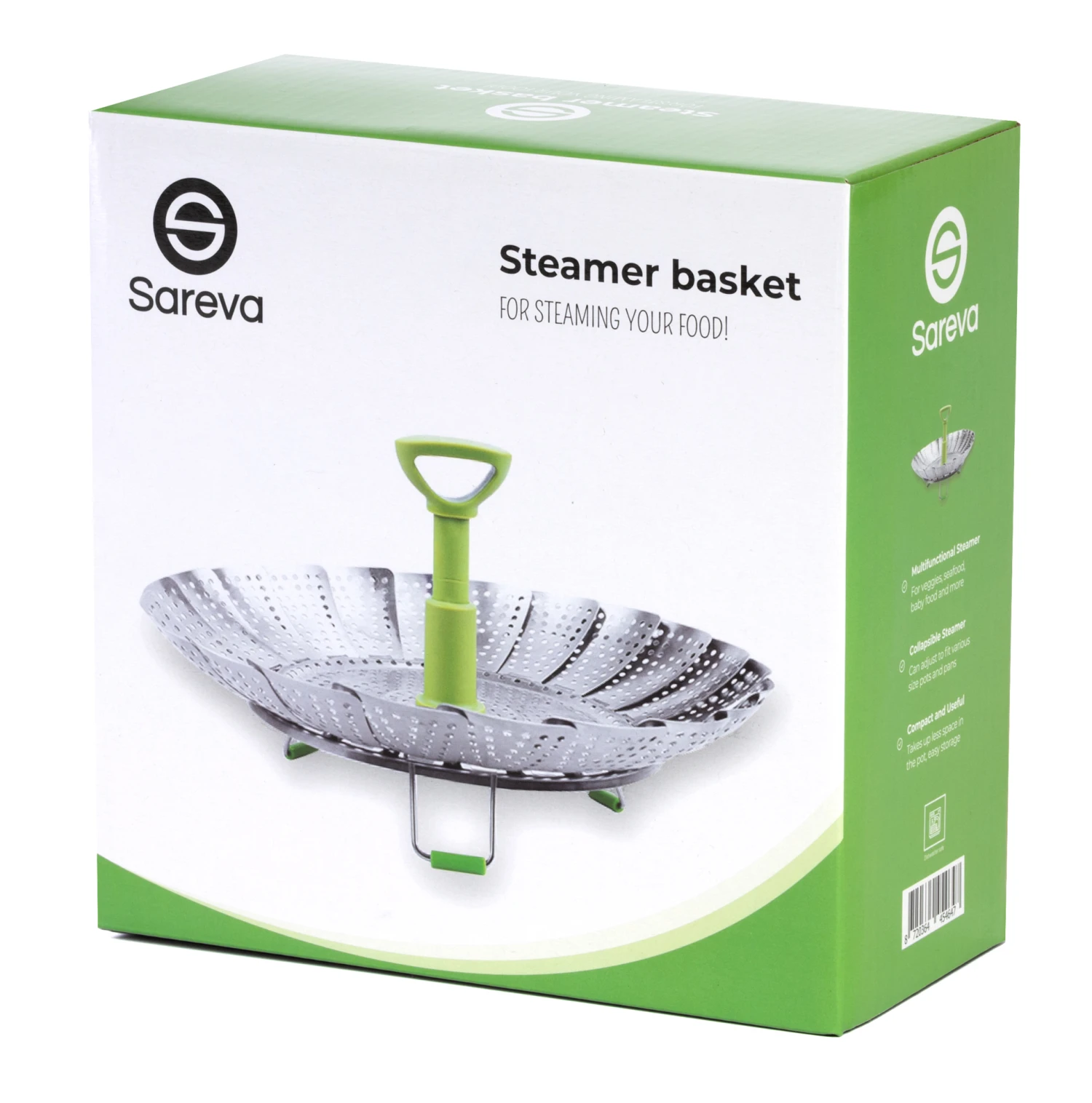 Sareva Stoommandje - RVS - verstelbaar van ø 17 - 27 cm Sareva Stoommandje - RVS - Verstelbaar Van ø 17 - 27 Cm -Praktische Winkel Voor Keukenbenodigdheden 8720364454647 verpakking