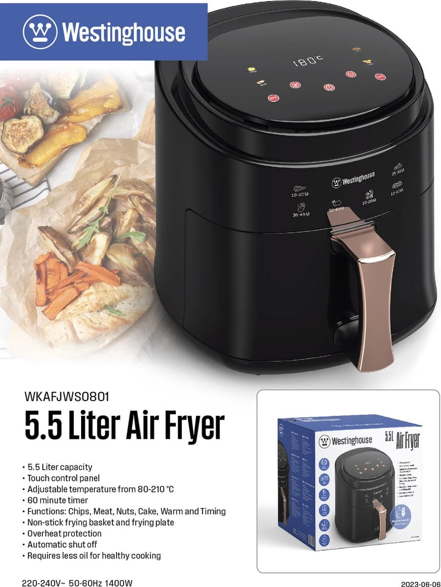 Westinghouse Airfryer / Heteluchtfriteuse - 1400 W - Zwart - 5.5 liter Westinghouse Airfryer / Heteluchtfriteuse - 1400 W - Zwart - 5.5 Liter -Praktische Winkel Voor Keukenbenodigdheden